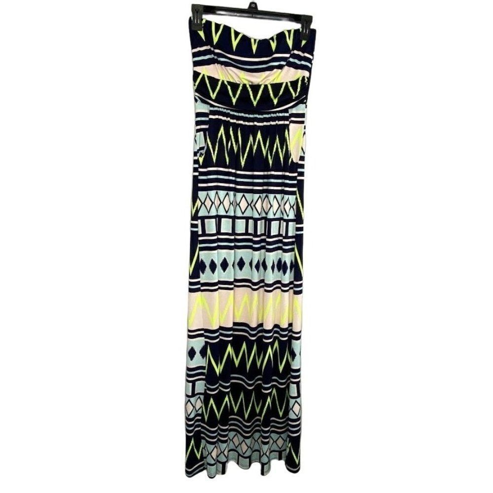 FILLY FLAIR Blue‎ Yellow Strapless Pockets Maxi Dress Medium